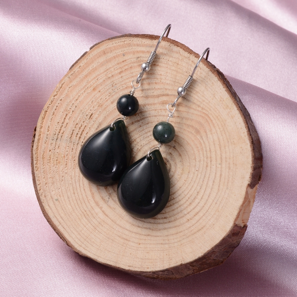 Indian Agate fishhook dangle earrings in stainless steel - Picture 3 of 5